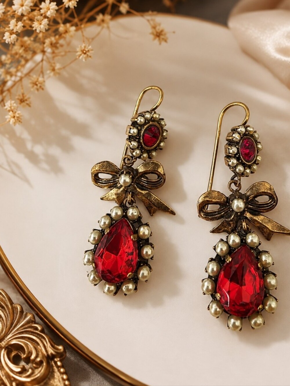 Gold Bow Red Teardrop Drop Earrings - Women Jewelry